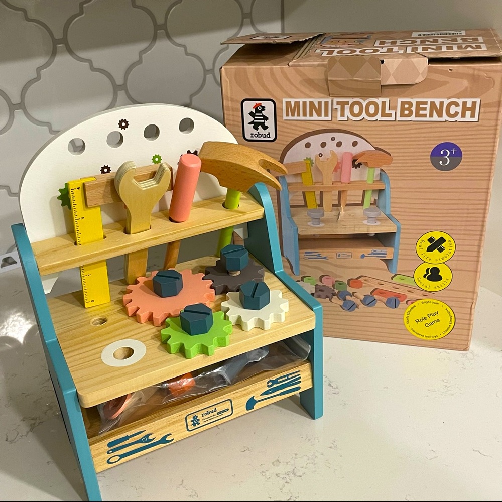 Varbertos Mini Tool Bench Toy Set for Kids Toddlers, Wooden Tool Workbench Set